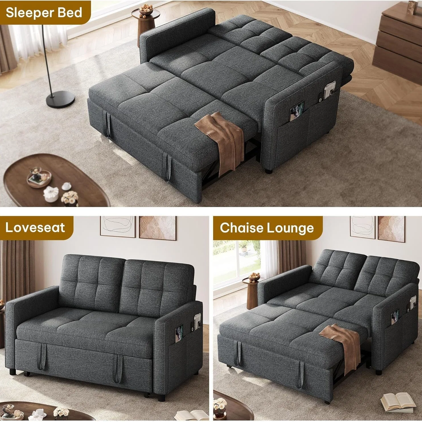 Living Room Apartment Double Linen Futon with Reclining Backrest and Side Pockets 3-in-1 Sofa Bed