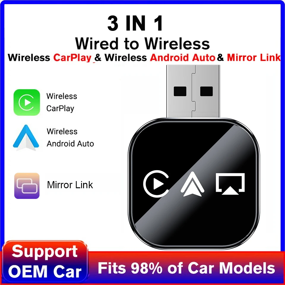 3 In1 Wireless Carplay Smart Mirror Link Carplay Android Auto USB Dongle محول سلكي Carplay إلى التوصيل والتشغيل اللاسلكي #1