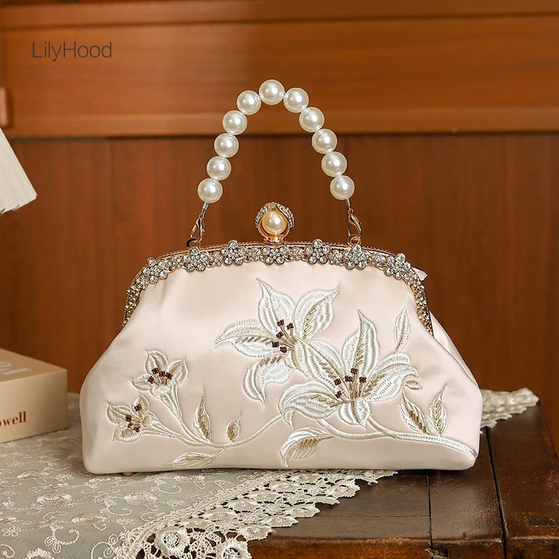 Female Vintage Floral Embroidery Diamonds Beads Pearl Chain Handbag Retro Chic Medium Size Mobile Phone Evening Shoulder Bag