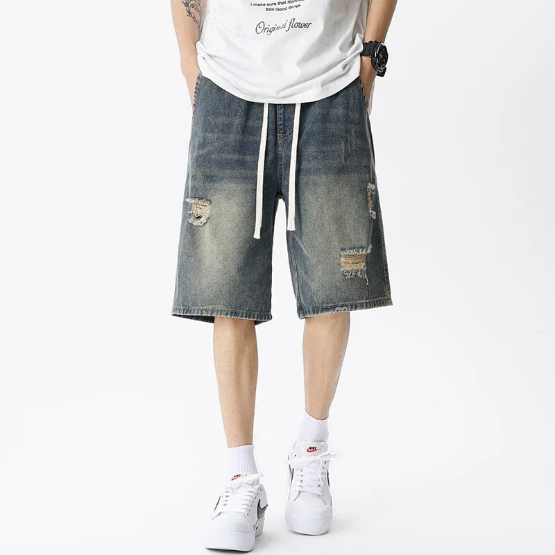 Summer Thin Denim Shorts Men's Retro Streetwear Blue Gray Stretch Straight Loose Fashionable Casual Ripped Short Jeans Men