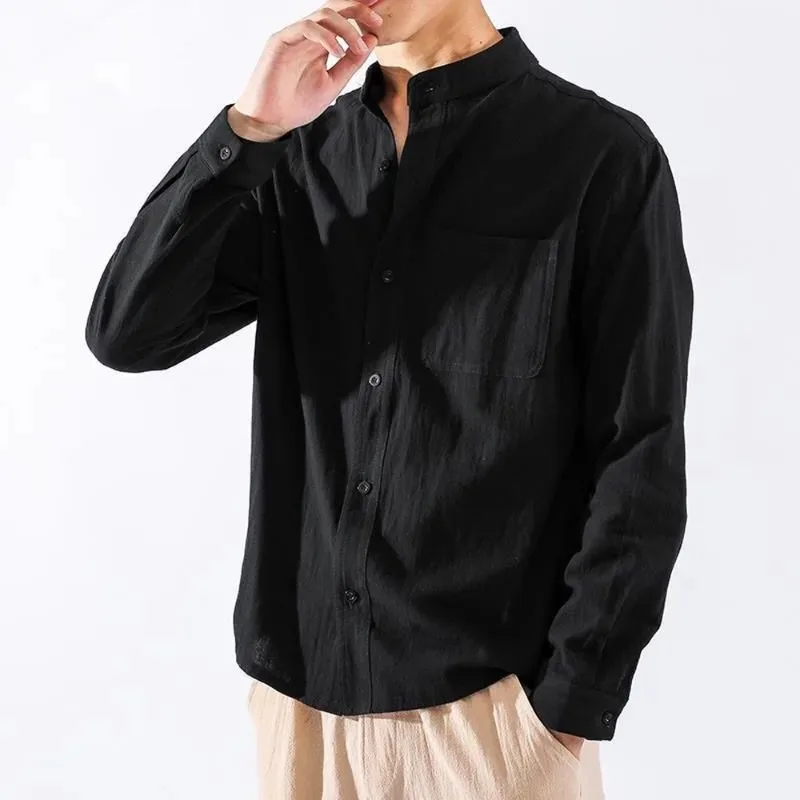 Chemise boutonnée à col montant pour hommes, chemise à manches longues, manteau mince, blanc, noir, décontracté, confortable, beau, mode, printemps