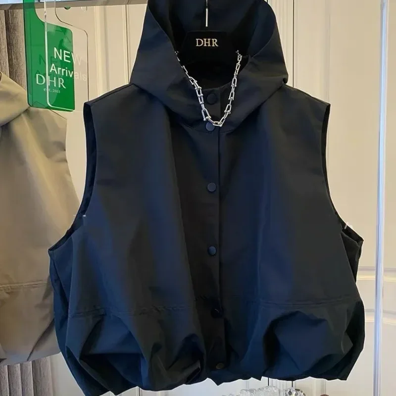 Crop Trench Tops 2026 Casual Black Waistcoat Chalecos Para Mujer Loose Vest For Women Single Breasted Sleeveless Hooded Jacket