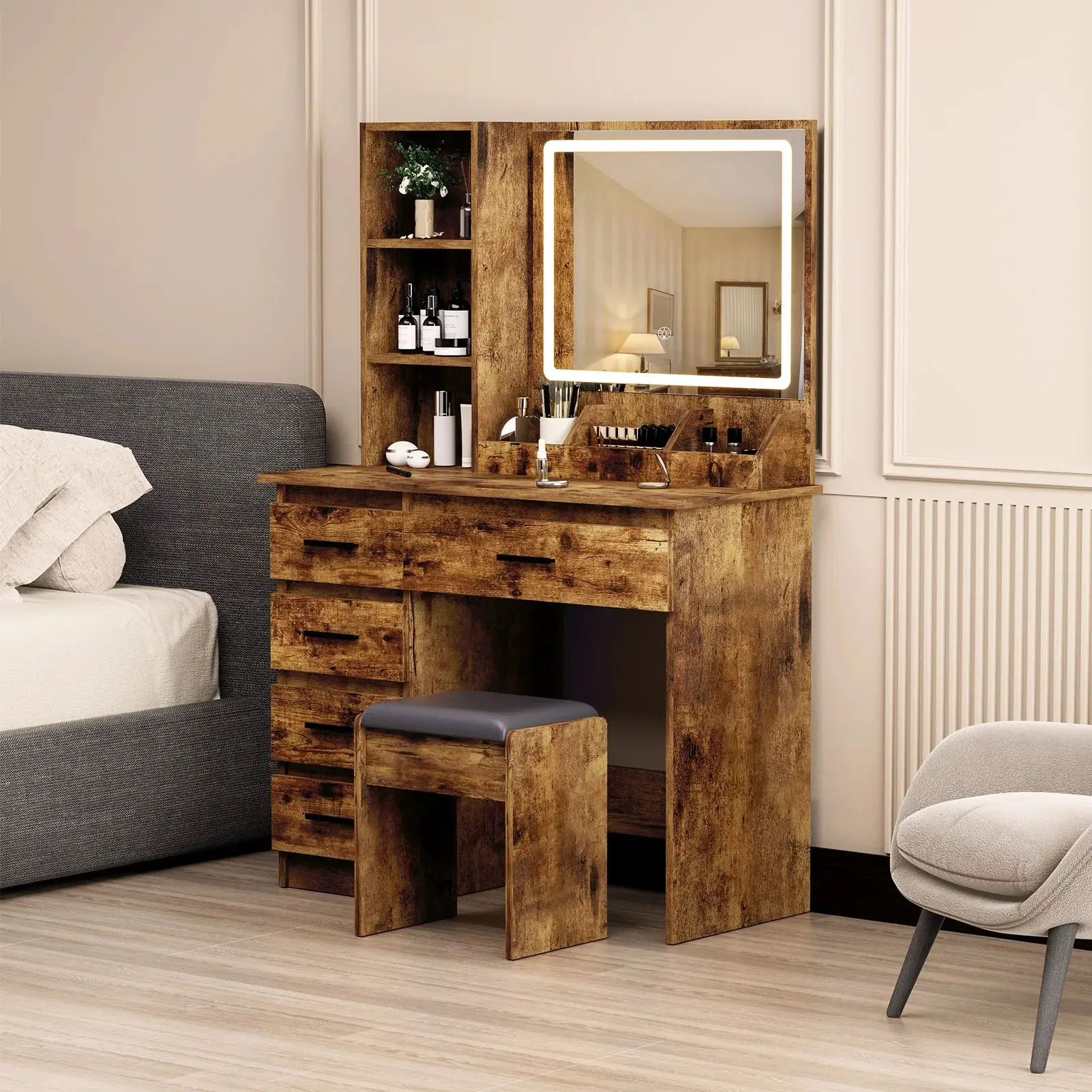 @#Modern Nordic Mirrored Vanity Dresser Set with LED Light Mirror - Stylish Bedroom Makeup Dressing Table with Storage Drawers