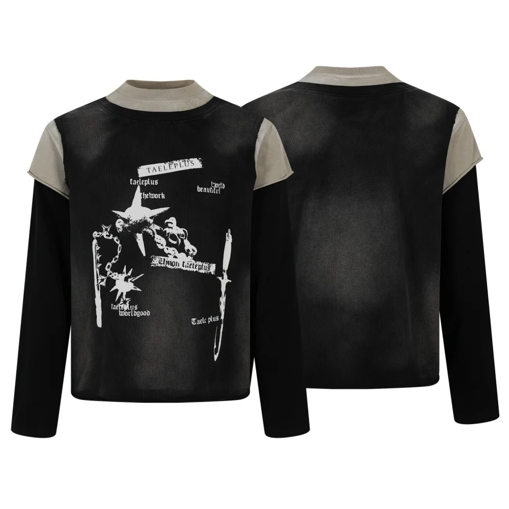 

Черные лоскутные футболки с эффектом потертости, с графическим принтом, длинный рукав, 100% хлопок, оверсайз, винтаж, Y2K, уличная мода Харадзюку, женские футболки