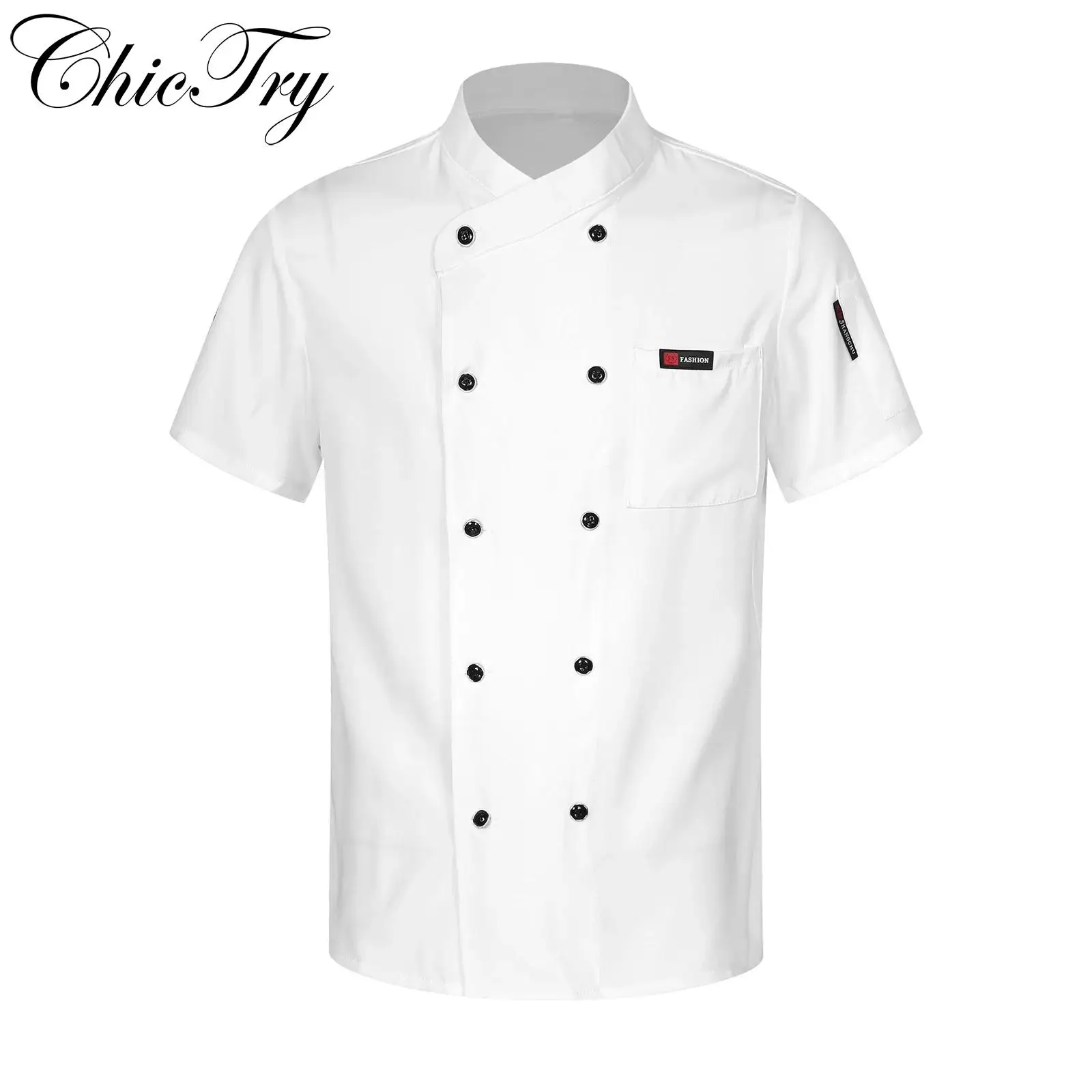 Homens e mulheres manga curta Chef camisa jaqueta, uniforme de trabalho, casaco, botão de pressão, Top, Workwear, cozinhar, cozinha, padaria, Hotel