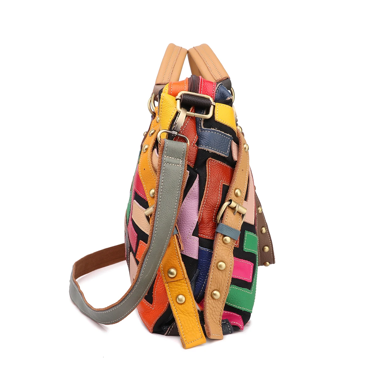 Leather geometric pattern multi-color color patchwork bag riveted handbag shoulder crossbody bag for women