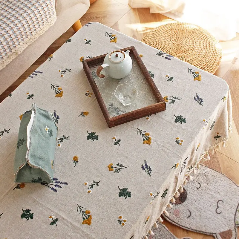 Cotton Line Embroidery Tablecloth, Lavender Tassels Dust-Proof Table Cover,For Dinning Party Wedding Decor