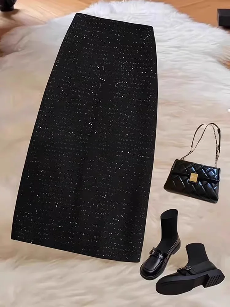 

Новая осенняя юбка макси с пайетками, завышенной талией, облегающая, с разрезом, с запахом, для полных женщин, в корейском стиле