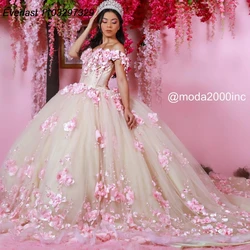 EVLAST Customized Pink Flowers Quinceanera Dress Ball Gown Applique Beading Corset Mexican Sweet 16 Vestido De 15 Anos TQD957