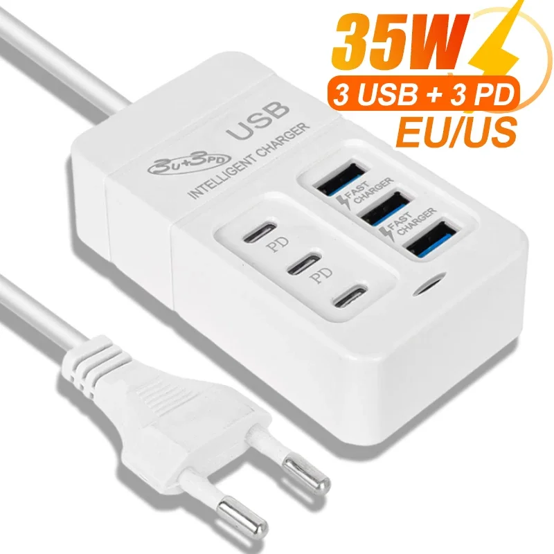 35W Multiport USB Charger PD Type C Fast Charging EU US Plug Wall Charger USB Hub Adapter 6 Ports USB Quick Mobile Phone Charger