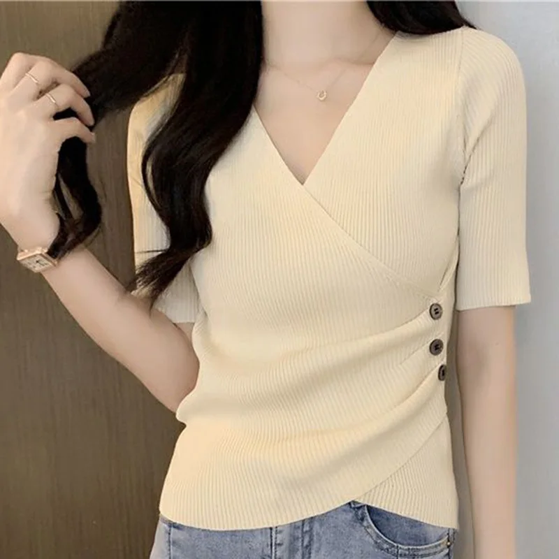 Fashion V-Neck Knitted Solid Color All-match Folds Blouse Female Clothing 2024 Summer New Casual Pullovers Asymmetrical Shirt