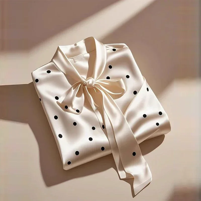 

Pop Elegant French Women High Quality Satin Polka Dot Print Shirt Office Lady Casual Chic Blouse Lace-up Bow Long Sleeve Loose