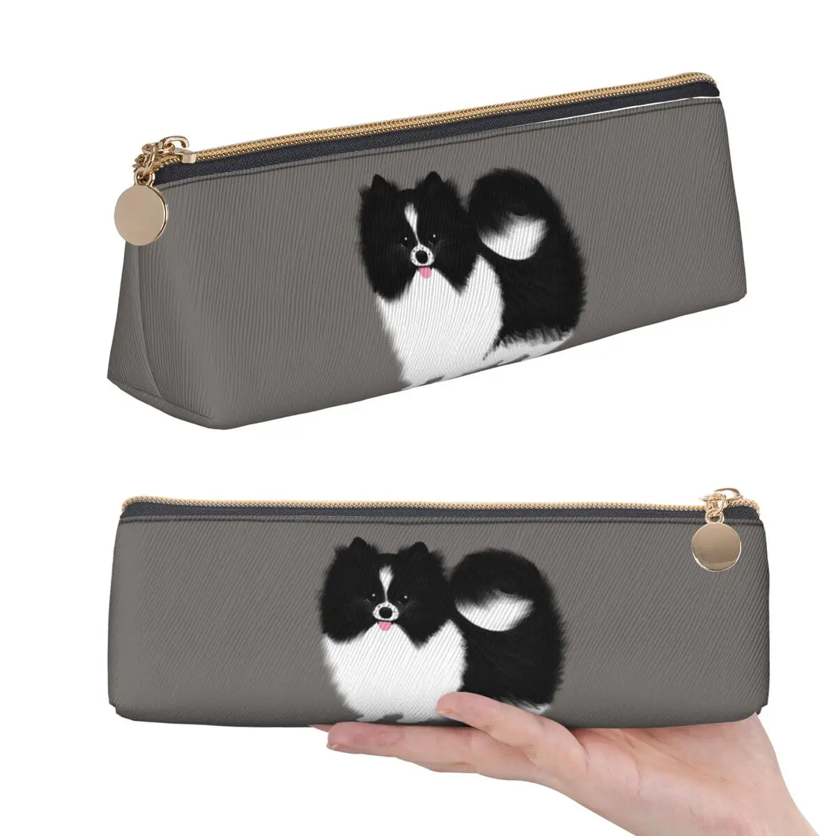 Schwarz-weißes Federmäppchen mit flauschigem Pomeranian-Hund für Studenten, Geschenke, Stiftbox, Bleistiftbeutel, Schreibwaren, Stifthalter-Tasche
