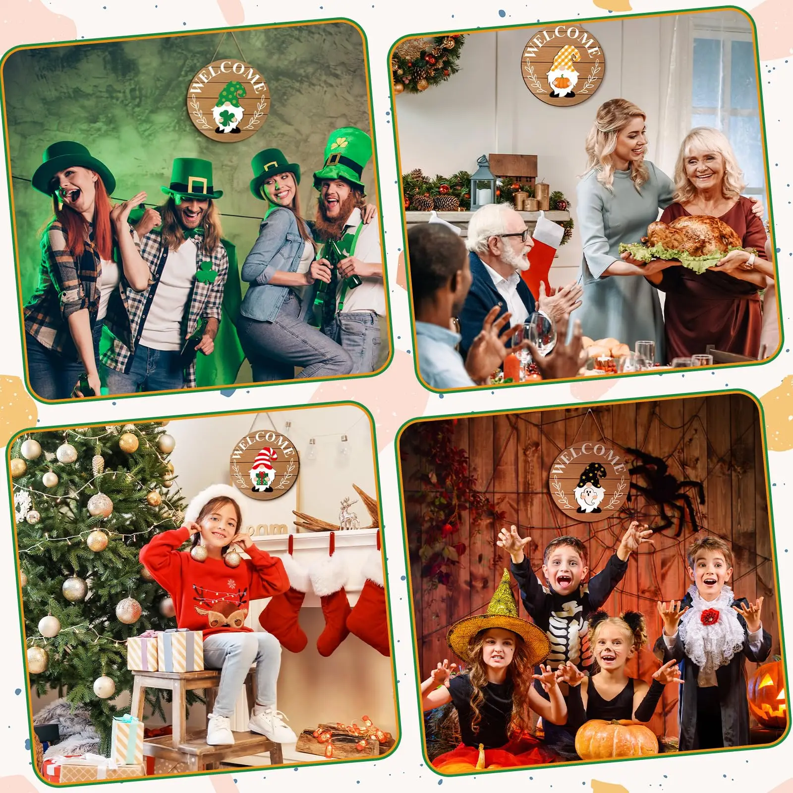 Qunclay 30 Pcs Seasonal Interchangeable Wooden Gnome Decor,Simple,Brown Magnet Pieces and Detachable Hats, Door Wall Welcome Sign,Hanging Wreath,Year-round Holidays