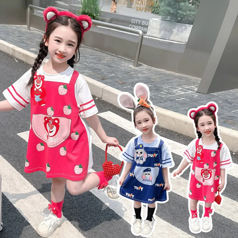 Summer New Short Sleeved Girl Strawberry Bear Judy Rabbit Sweet And Cute Cartoon Printed Dress Fake Two Piece T-shirt Skirt