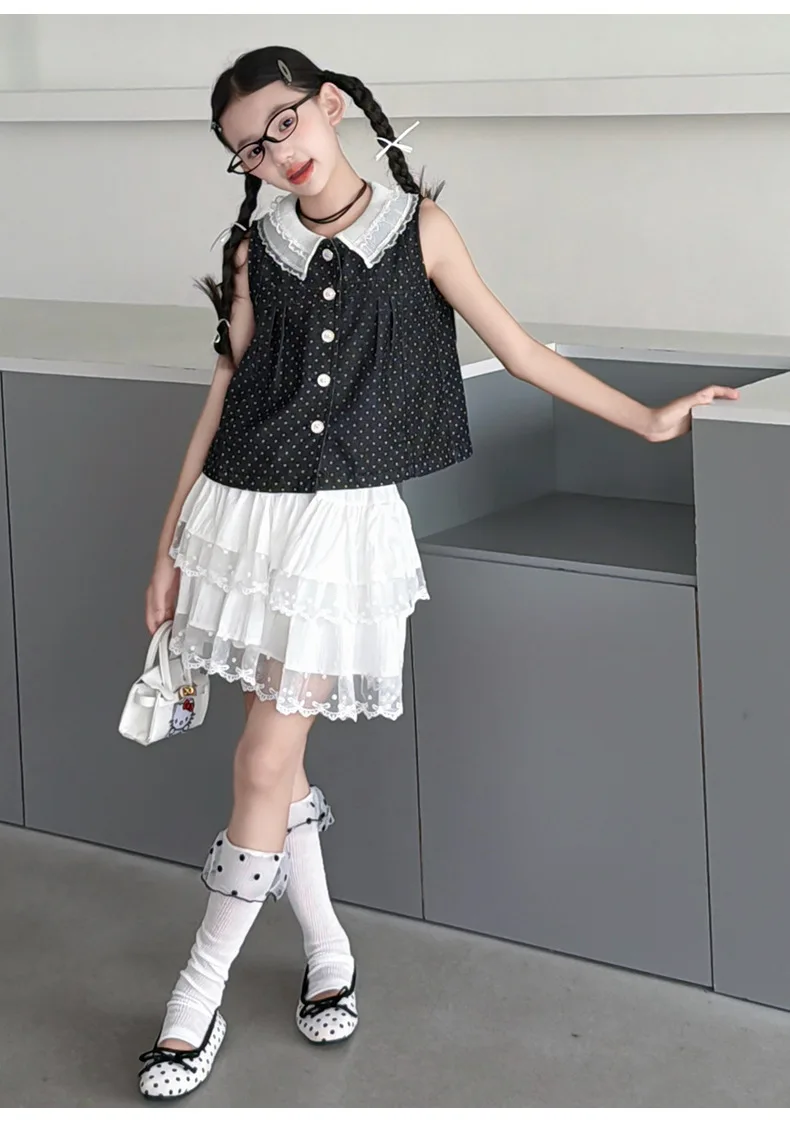 2026 New Teenage Elegant Clothing Suits,  Baby Girls Fashion 2 Piece Sets,  Black Dot T-shirt +White Skirts    5 -12 T