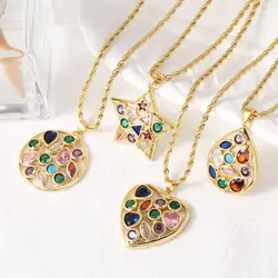 FLOLA Large Multicolor Crystal Star Heart Necklaces for Women Gold Plated Twist Chain Waterdrop Necklaces Rainbow Jewelry nkew91