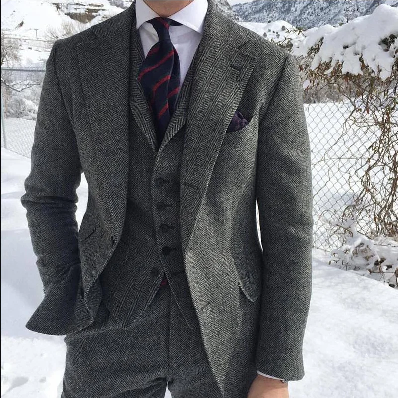 Wool Tweed Grey Men Suits For Formal Business Groom Wedding Tuxedos Herringbone Style 3 Piece Man Set Jacket Waistcoat with Pant