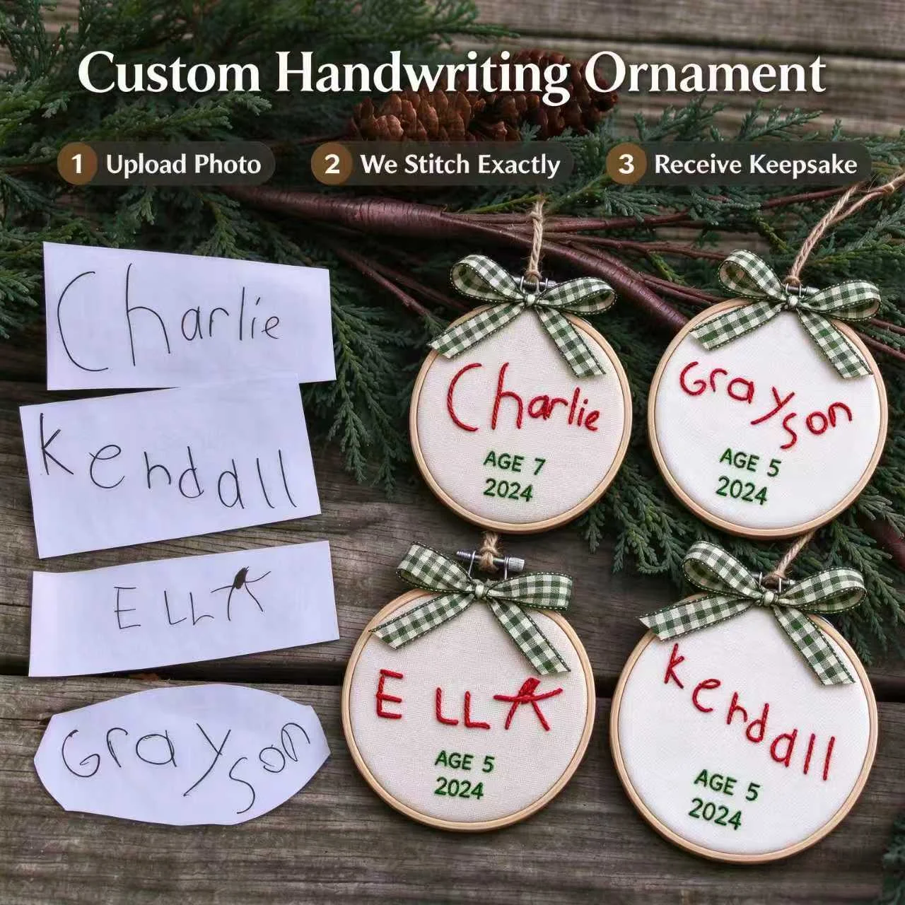 Custom Handwriting Embroidery Hoop Christmas Ornament Stitched Keepsake Ornament Custom Handwritten Name Christmas Tree Decor