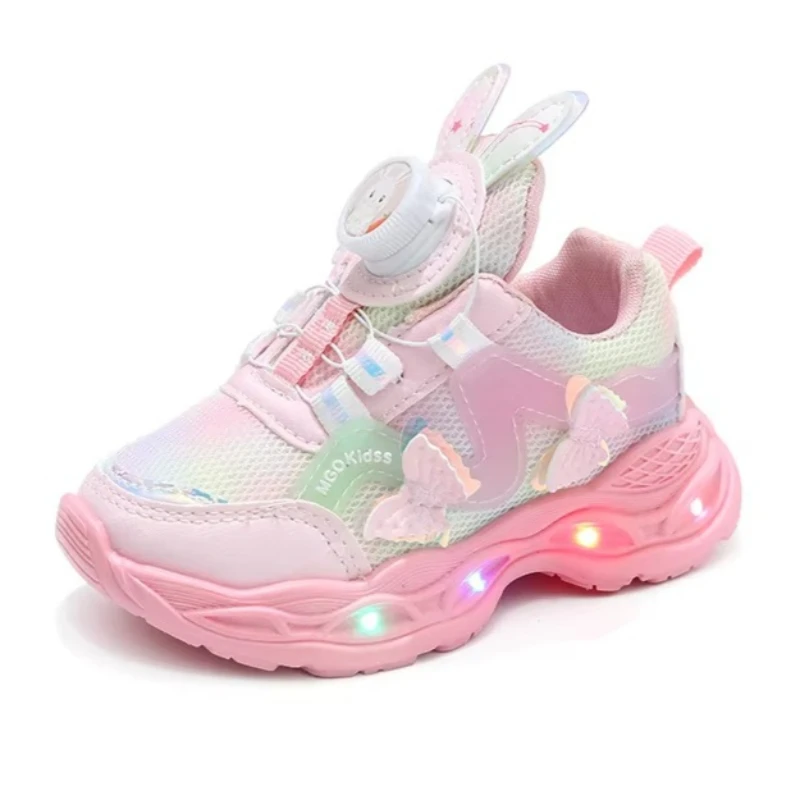 Toddler LED Glowing Running Shoes 2026 Spring Fall Cartoon Princess Mesh Sneakers Kids Rotary Buckle Light Up Footwear