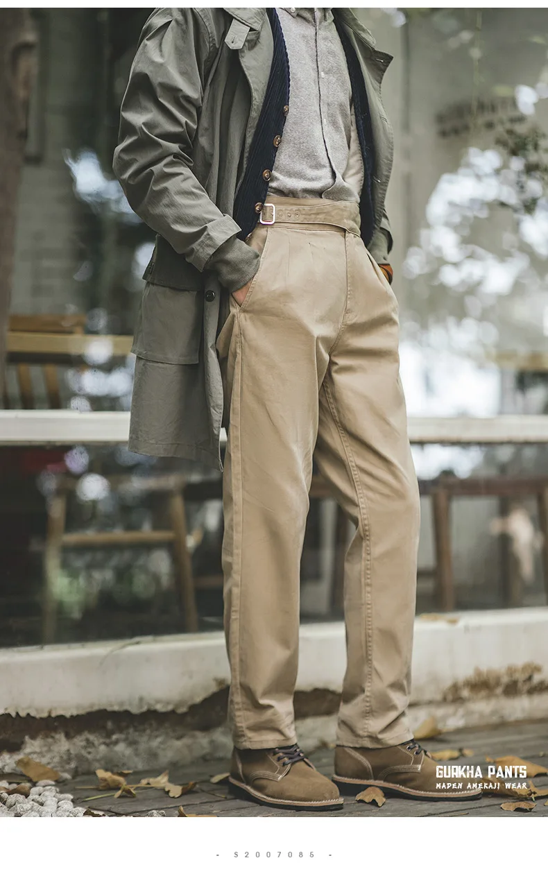 Maden Vintage Khaki Gurkha Hose, verstellbar, hohe Taille, lässige Cargo-Arbeitshose, klassische gerade Hose für Herren, Frühling und Herbst – Detail 18