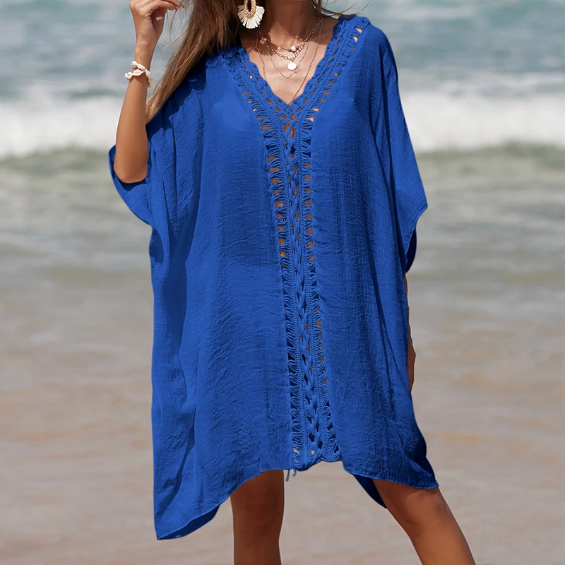 Strand Cover Up voor Vrouw Tuniek Bikini Jurk Effen Kleur Gehaakte Uitsparing Losse Zonwering Badpak Gewaad Badpak Zonnejurk