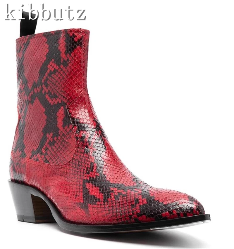 Botas Chelsea de marca de lujo para hombre, botines de piel de vaca con estampado de serpiente de cuero genuino, puntiagudos, tacones altos, cremallera lateral