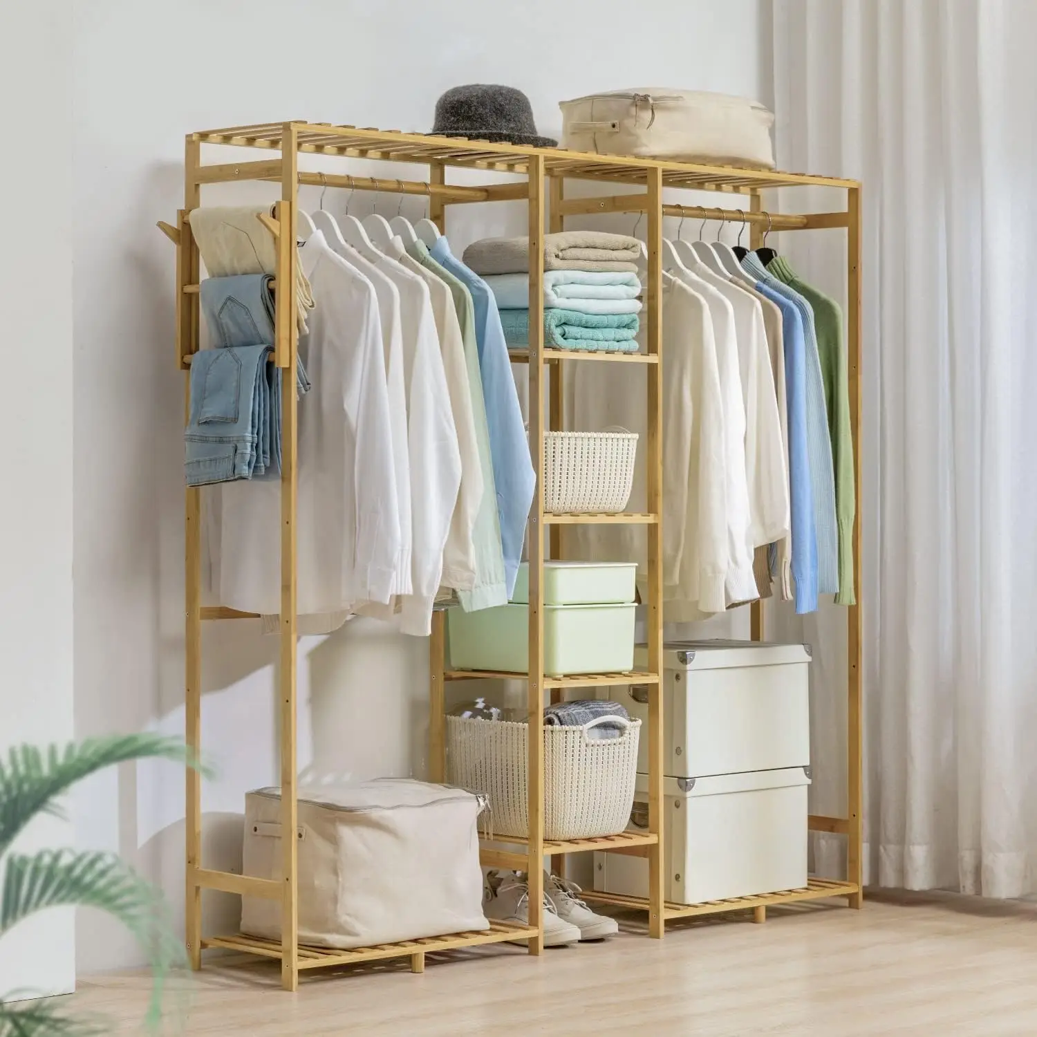 Armoire à vêtements en bambou T1 avec double tiges et étagères de rangement, armoire ouverte autoportante, vêtements de face et rangement pour être