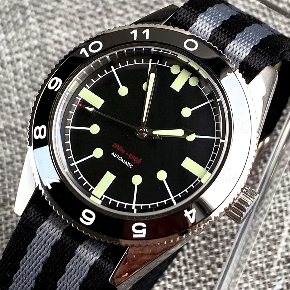 2023 Nologo NH35 41mm Steel Automatic Watch Men 200m Waterproof Wristwatch Nylon Strap Glass Back Dive Sport Clock Green Lume