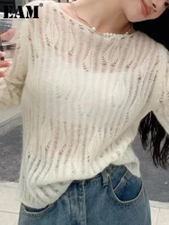 [EAM] Beige Perspective Thin Knitting Sweater Round Neck Long Sleeve Women Pullovers New Fashion Tide Spring Summer 2024 1DH4761