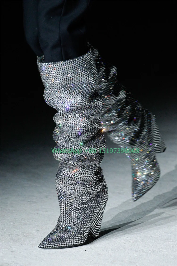 Ladies pointed toe diamond bling tapered heel calf boots rhinestone decorative boots pleated boots catwalk models large size 44