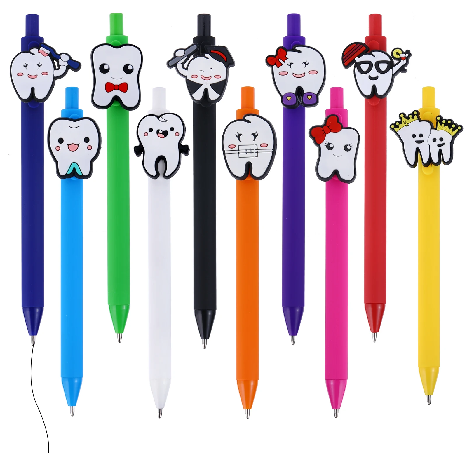 

10 pcs retractable gel ink pens - quick drying medium tip - interesting teeth and nurse design - plastic material - novel statio