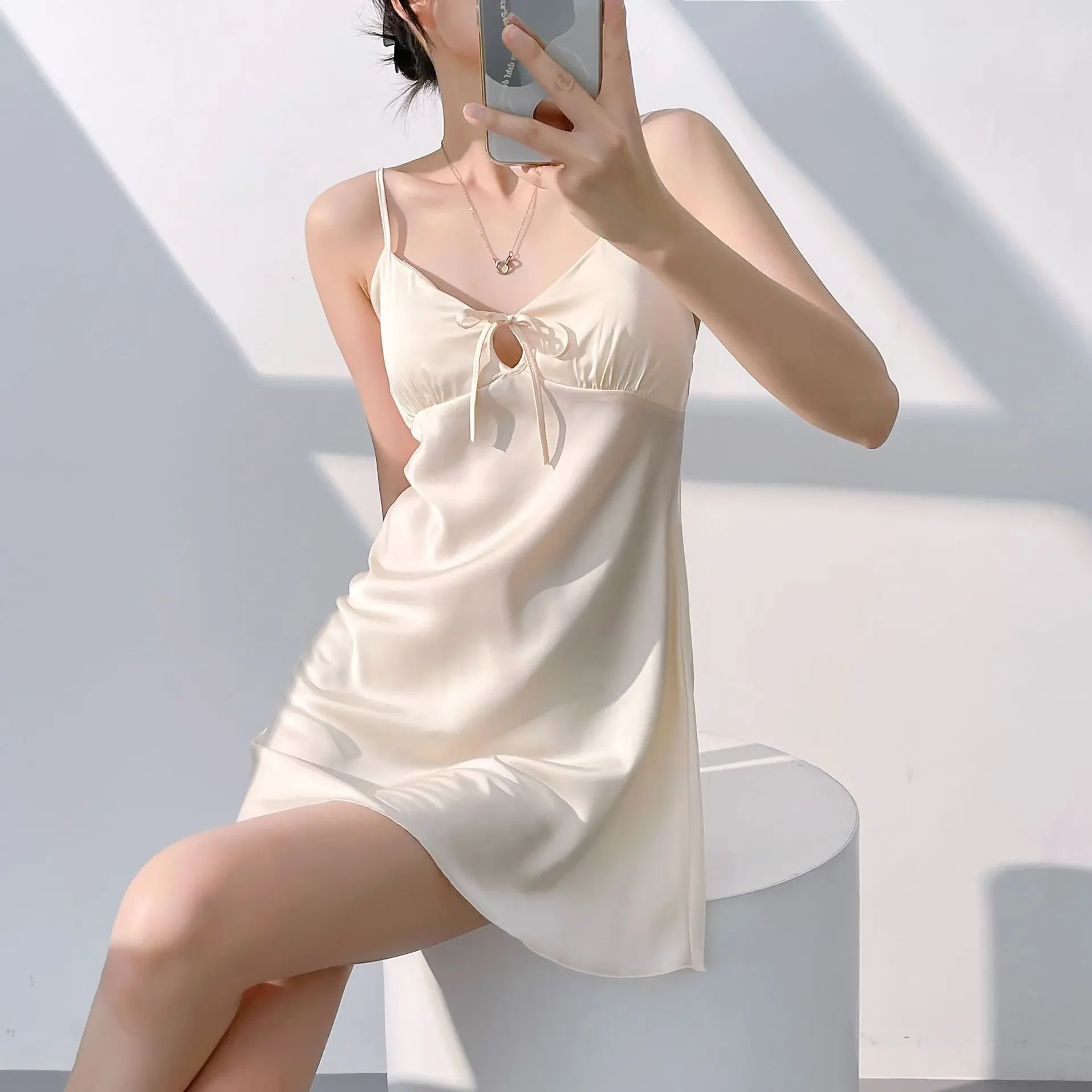 Summer simple ice silk suspender nightdress women's thin cool pajamas with chest pads pure desire wind V collar loungewear