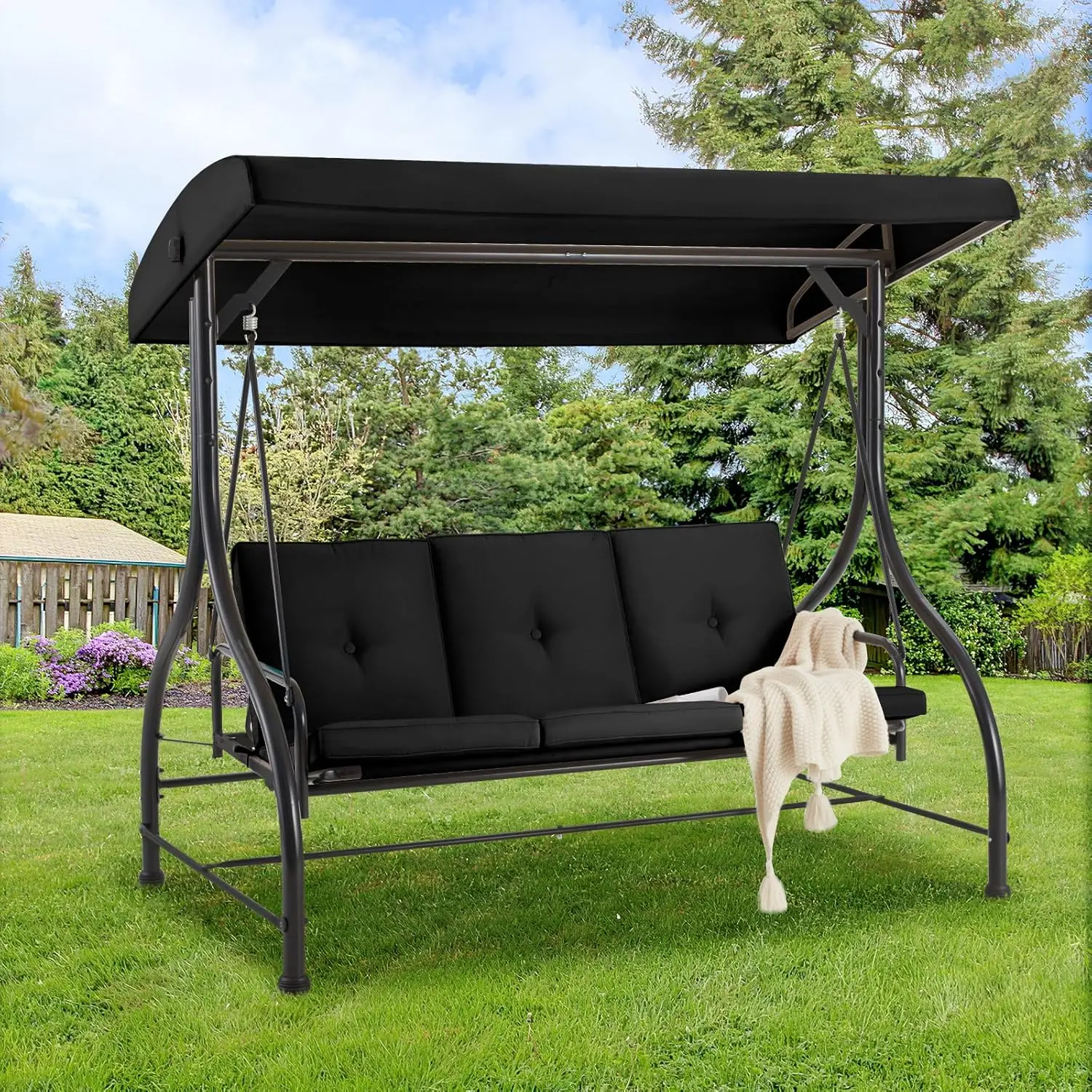 

3 Seat Outdoor Porch Swing with Adjustable Backrest and Canopy Patio Swing Removable Cushions Outdoor Swing Bed