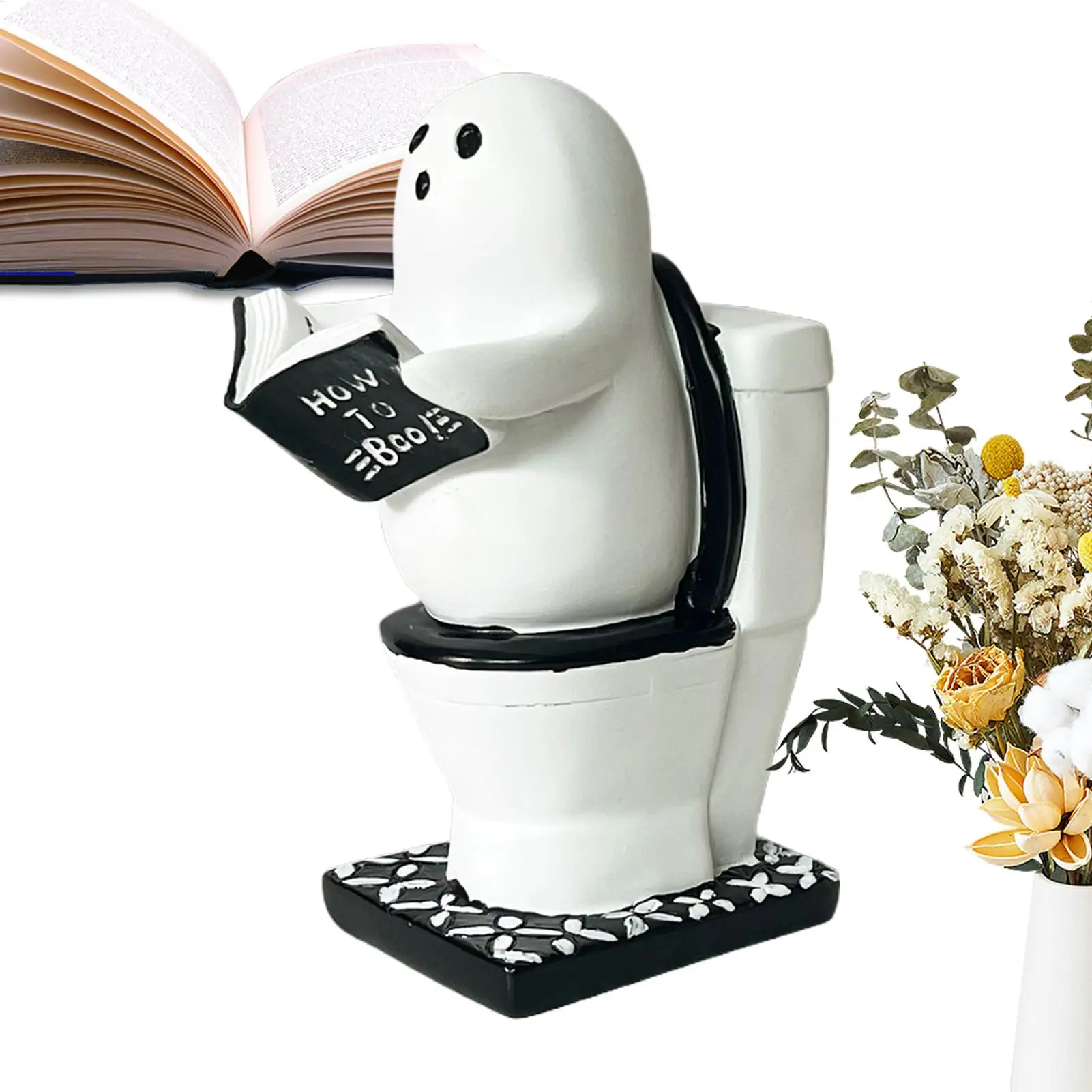 

Gothic Toilet-Reading Ghost Statue - Humorous Halloween Desk Decor for Adults Cute Spooky Shelf Display for Home & Office