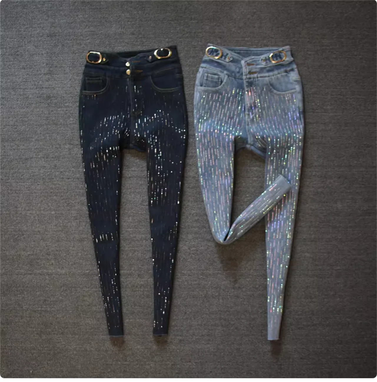 

New high waisted metal buckle full body color striped rhinestone sparkling small leg jeans