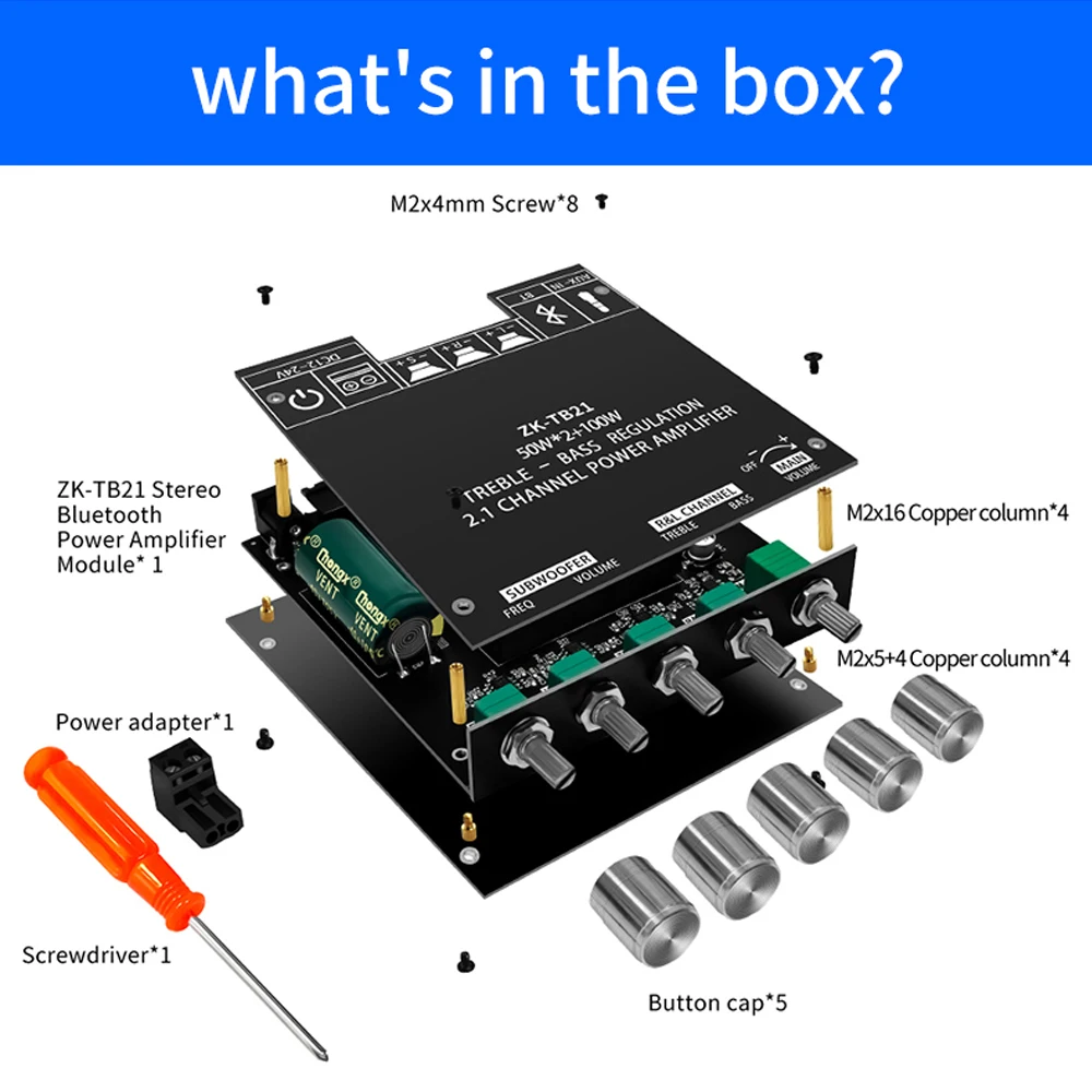 ZK-TB21 Bluetooth 5.0 Subwoofer Amplifier Board 50W*2+100W 2.1 Channel Power Audio Stereo Bass AMP TPA3116D2 Amplifiers Board