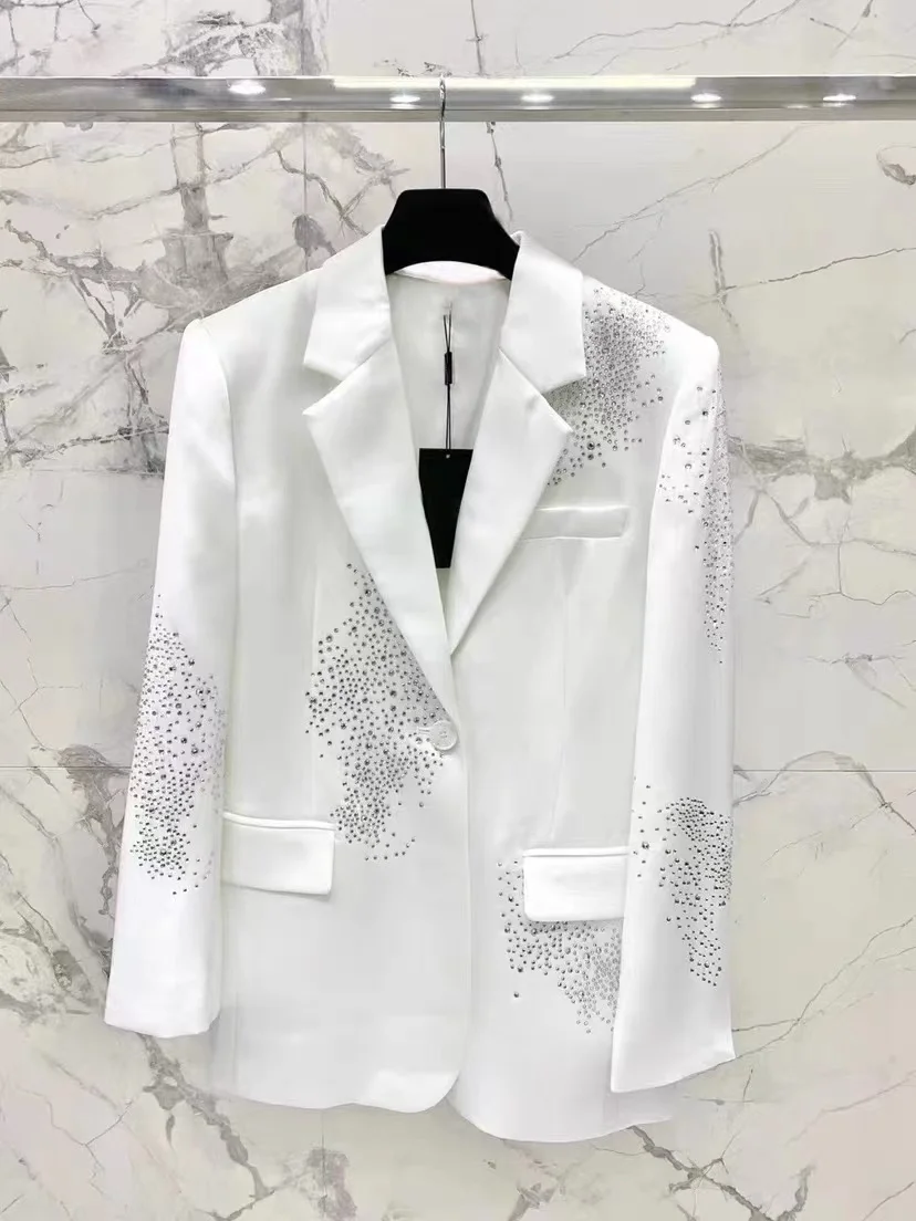 New In Luxury Sparking Diamonds Rhinestone Sexy Deep V Neck Black White Suit Coat Women Office Lady Slim Blazer Top