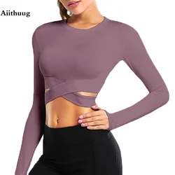 Aiithuug Yoga Crop Tops Long Sleeve Gym Shirts Workout Top Women Sports Padded Cup Running Tops Sexy Waist Crisscross Waist