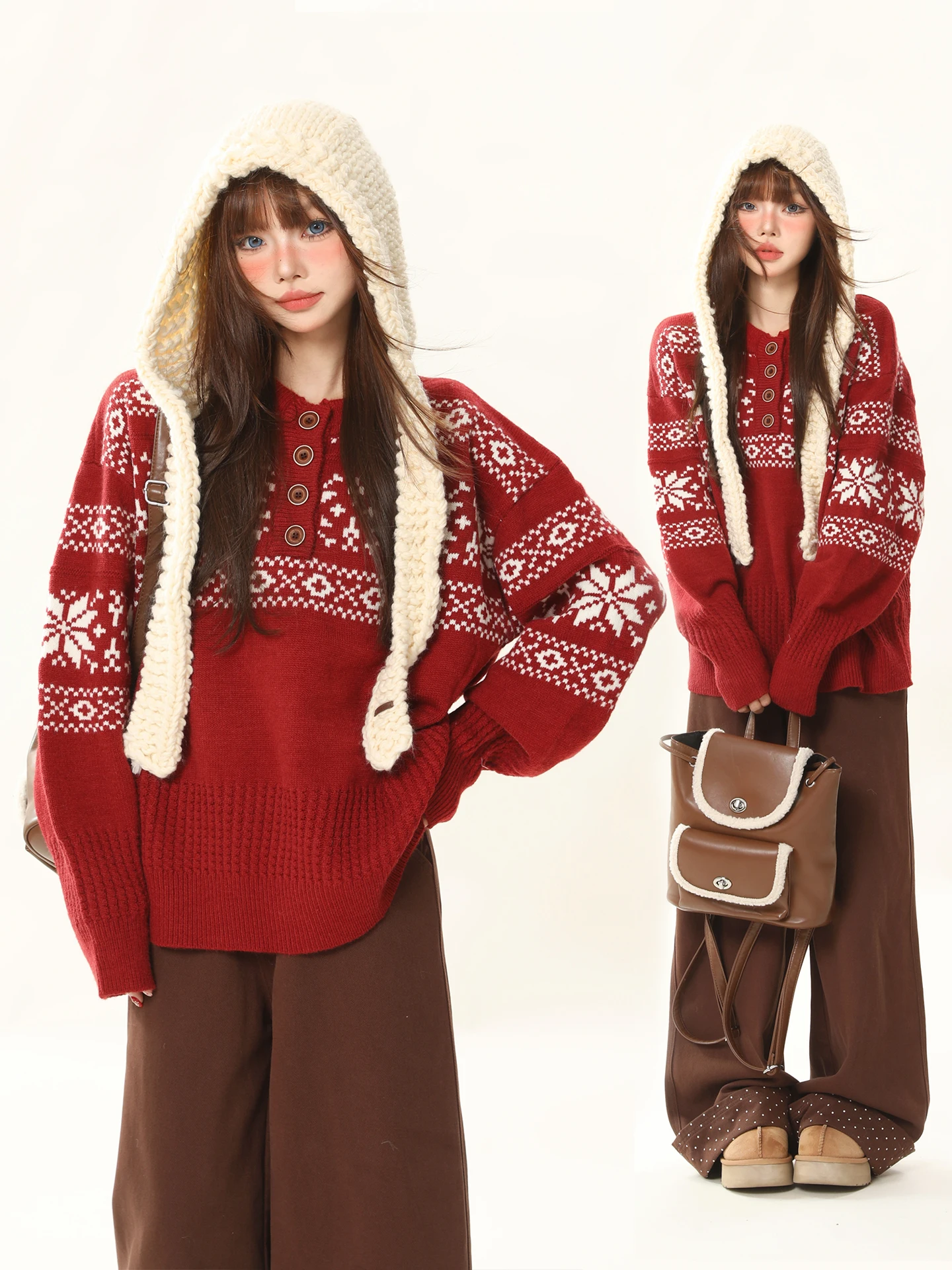 

Retro Cisas Red Knitted Loose Sweater Women's Autumn Winter High-End Feeling Tassel Flower Patterned Thermal Long Sve ...