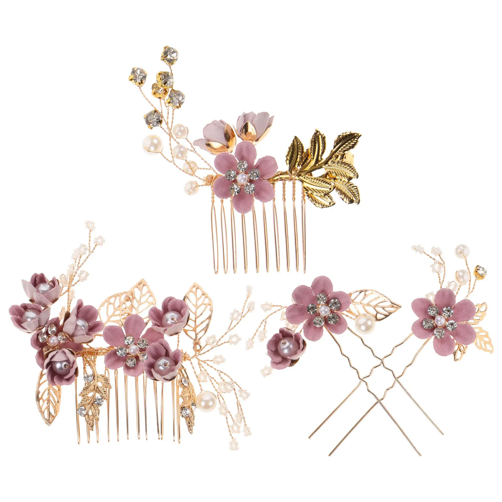 

4pcs Hair Comb Set Bridal Floral Rhinestone Wedding Headpiece For Bride Prom Party Anniversary Engagement Event Purple