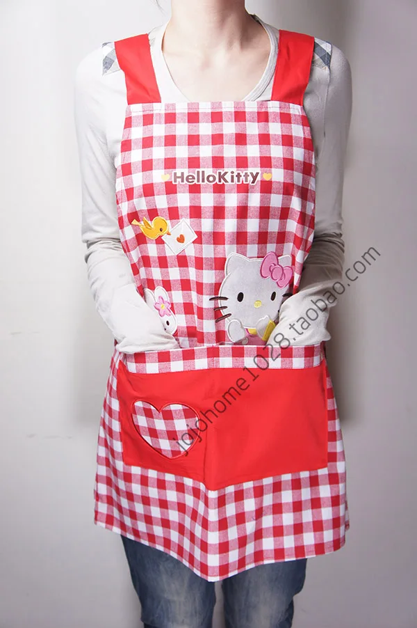 Red Grid Hello Kitty Embroidered Kitchen Apron Woman Cotton Cooking Avental de Cozinha Divertido Pinafore Apron Dress Vintage