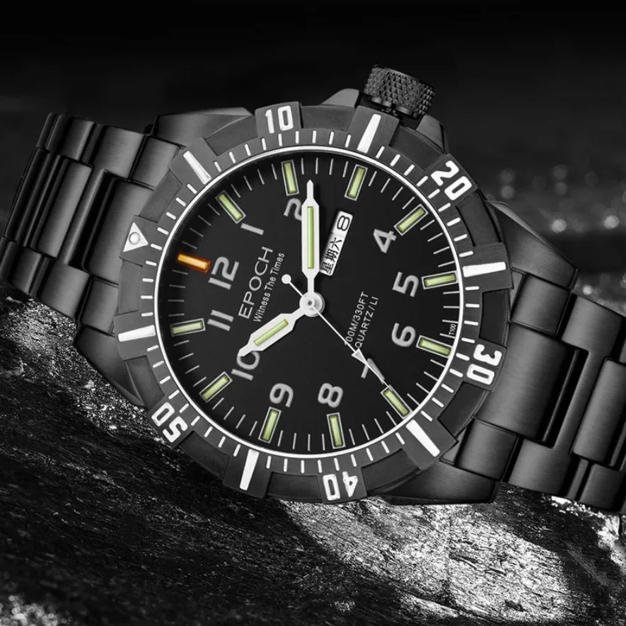 

EPOCH Men Quartz Watch 43mm Military Wristwatch Luminous Tubes 10ATM Waterproof Sapphire Dual Calendar Week Date