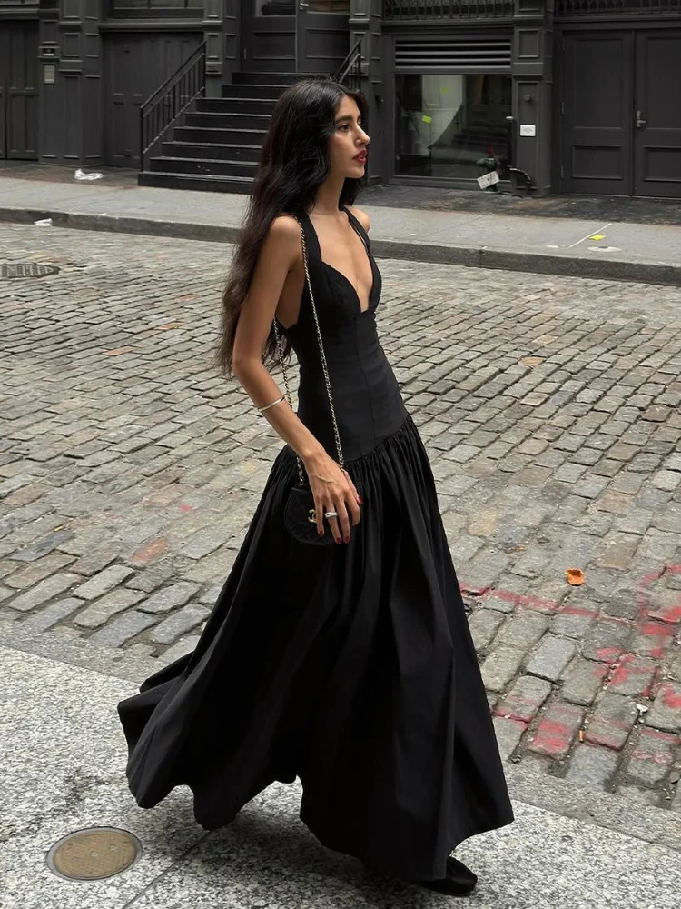 Summer Sexy Black V-neck Sleeveless Backless Maxi Dress Elegant Satin Patchwork Ruched Robes 2025 Lady High Street Dresses