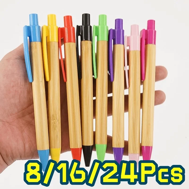 8/16/24 Pcs Press Bamboo Ballpoint Pens, 1.0mm Smooth Writing Nib, Multi Color Bulk Office Promotional Gift Pens