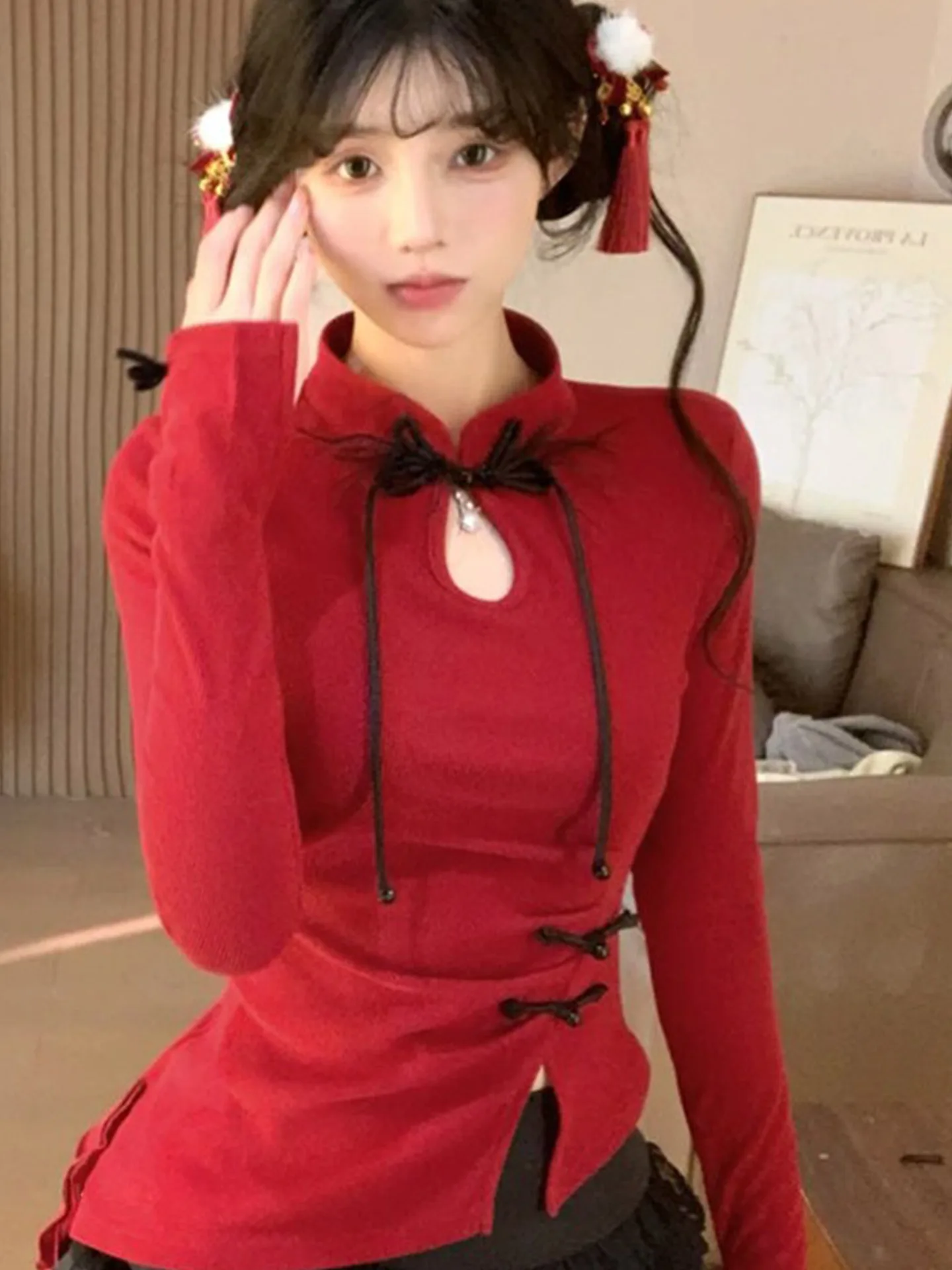 Red Slim Fit Stand Collar Chinese Style Top for Women Spring New Style Elegant Button Detail Casual Comfortable Breathable T-...