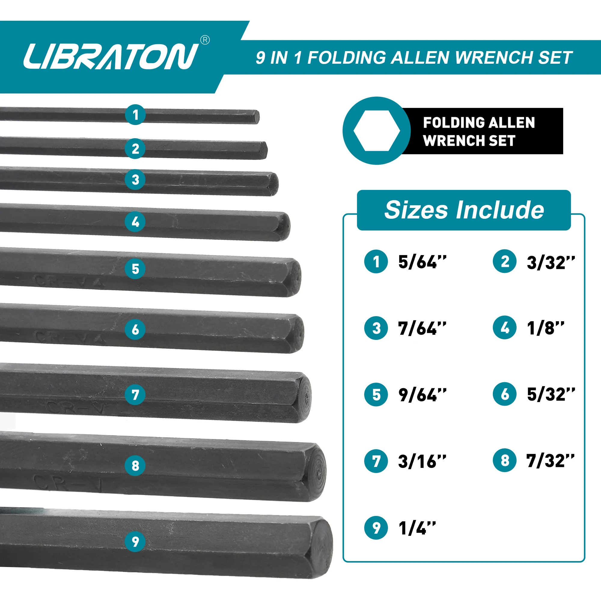 LIBRATON 9 In 1 Folding Allen Wrench SAE Allen Key Set Hex Key Set Portable Hex Wrench for Basic Home Repair General Application