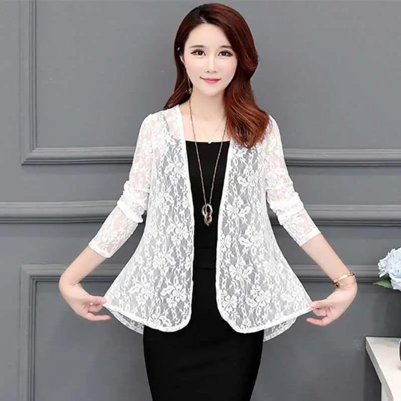 

High Low Hem Women Lace Coat Cardigan Summer Large Size White Net Yarn Hollow Out Sun Clothes Shawl Women Coats Elegant Jacket