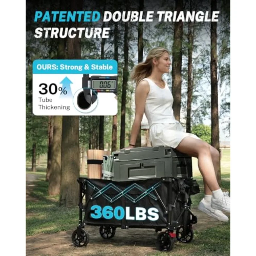 38''L Extra Long Collapsible Foldable Wagon Cart with 360lbs Weight Capacity and 220L Storage Space Detachable Wheels for Versa
