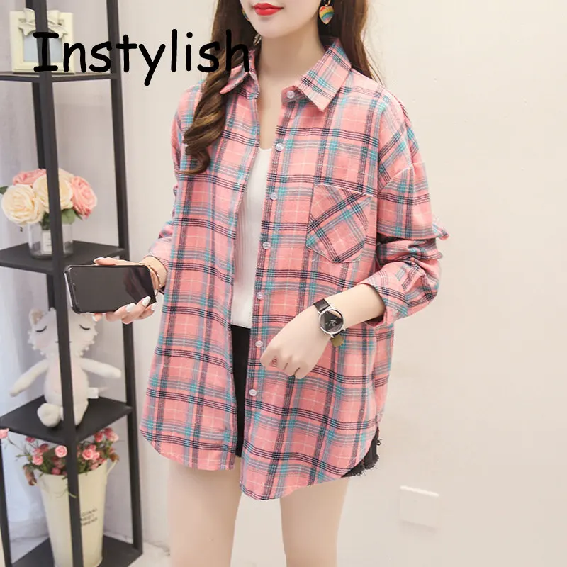 Women Spring Autumn Long Sleeve Loose Blouse Korean Fashion Plaid Lapel Shirt Casual Vintage Harajuku Oversized Tops Y2K New